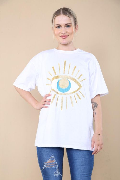 Oversized Sequin Eye Printed Short Sleeves T Shirt Top