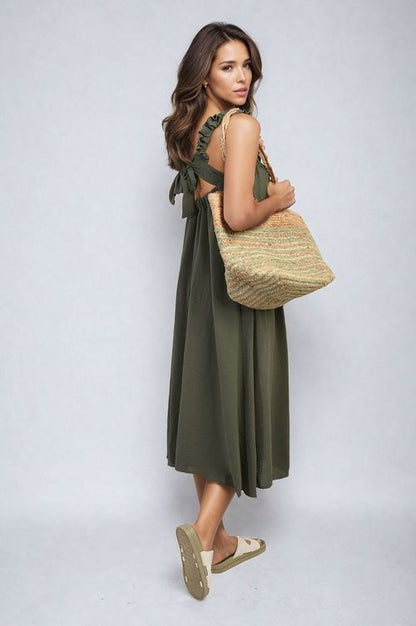 Edith Square Neckline Ruffle Straps Tie Detail Beach Midi Dress