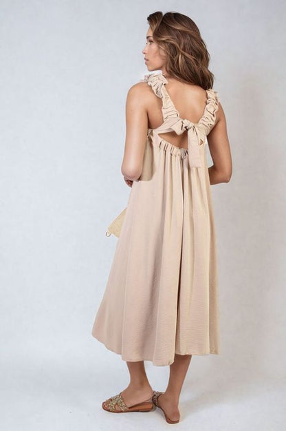 Edith Square Neckline Ruffle Straps Tie Detail Beach Midi Dress