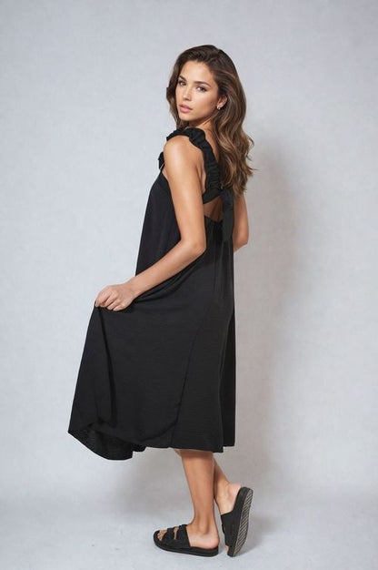 Edith Square Neckline Ruffle Straps Tie Detail Beach Midi Dress