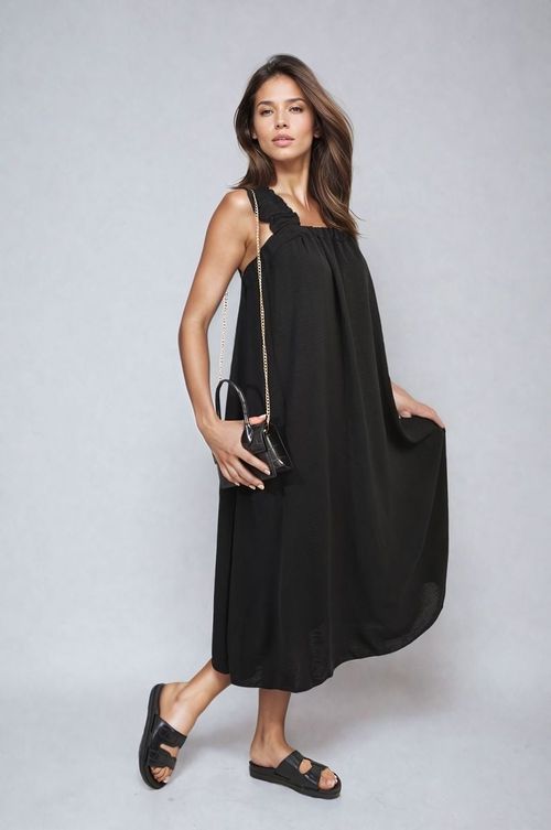 Edith Square Neckline Ruffle Straps Tie Detail Beach Midi Dress