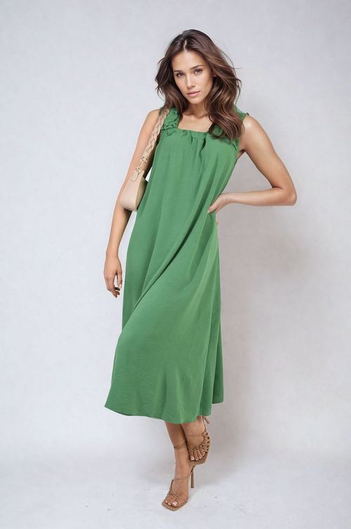 Edith Square Neckline Ruffle Straps Tie Detail Beach Midi Dress