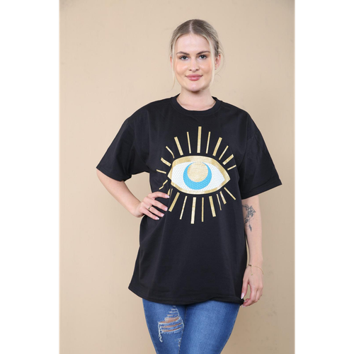 Oversized Sequin Eye Printed Short Sleeves T Shirt Top