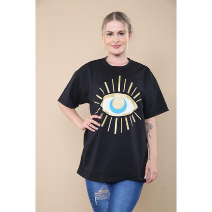 Oversized Sequin Eye Printed Short Sleeves T Shirt Top