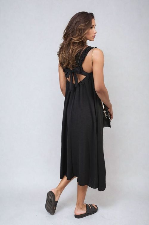 Edith Square Neckline Ruffle Straps Tie Detail Beach Midi Dress