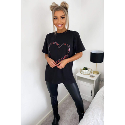 Oversized Printed Heart Short Sleeves T Shirt Top