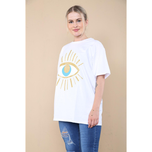 Oversized Sequin Eye Printed Short Sleeves T Shirt Top
