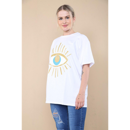 Oversized Sequin Eye Printed Short Sleeves T Shirt Top