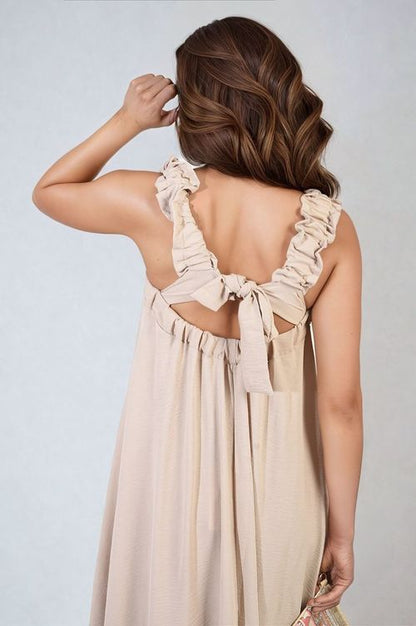 Edith Square Neckline Ruffle Straps Tie Detail Beach Midi Dress