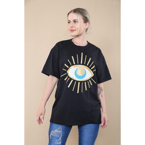 Oversized Sequin Eye Printed Short Sleeves T Shirt Top