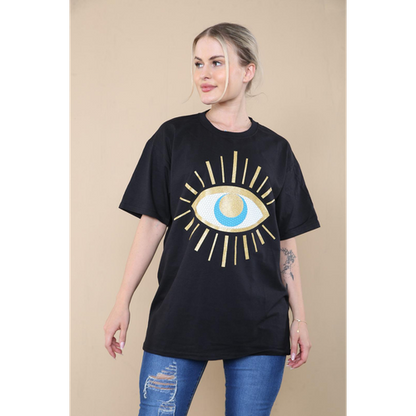 Oversized Sequin Eye Printed Short Sleeves T Shirt Top