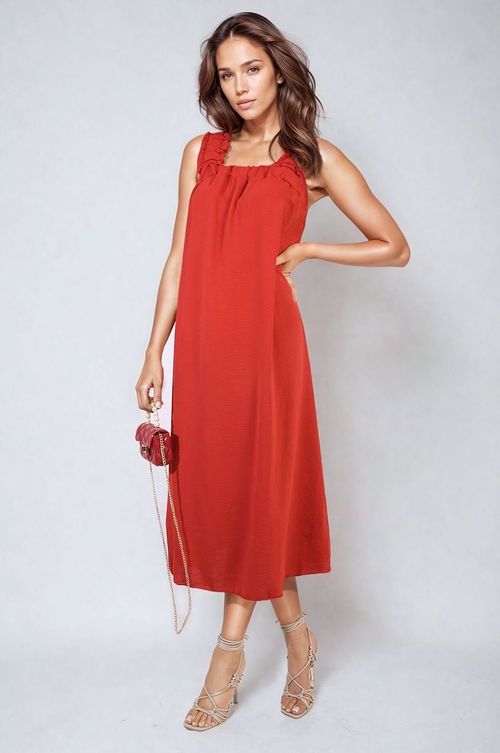 Edith Square Neckline Ruffle Straps Tie Detail Beach Midi Dress